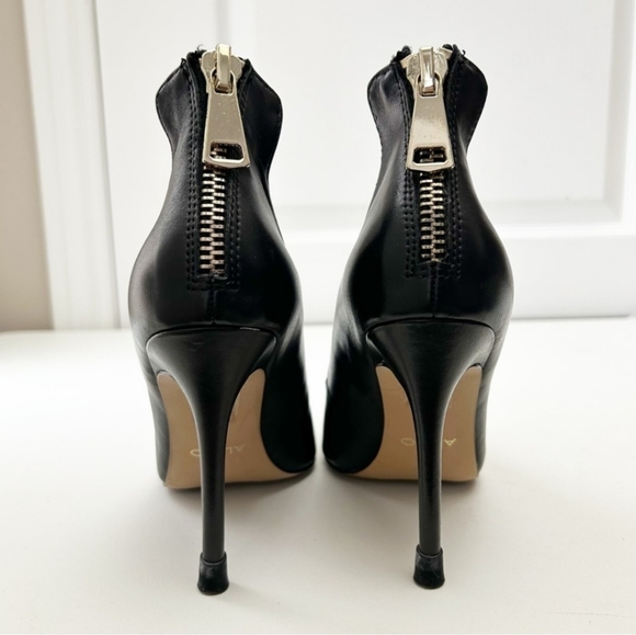🍁 Aldo Black Leather Pumps Pointy Toe Stiletto High Heels Gold Zippers Size 7.5 - Picture 7 of 10